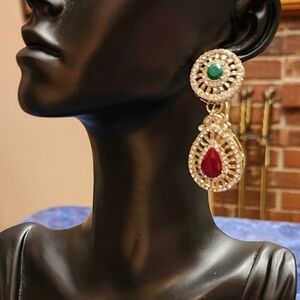 Vintage 80's Gold Tone Glass Crystals Runway Piercing Earrings